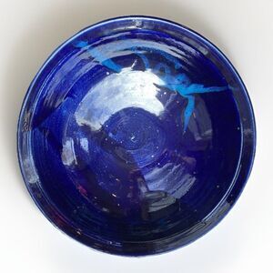 Vintage Studio Pottery Mixing Bowl Large 12in Cobalt Blue Stoneware Dragonfly